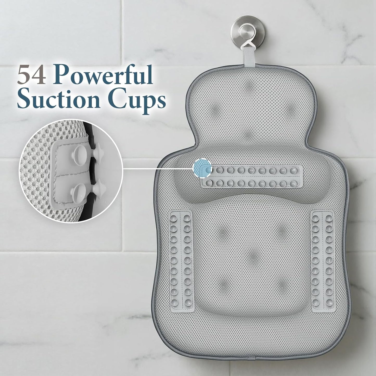 Bath Pillows for Tub, Comfortable Bathtub Cushion for Head and Neck with Soft 3D Mesh Fabric and 54 Non-Slip Suction Cups, Relaxing Tub and Shower Accessories Spa Gift White Standard