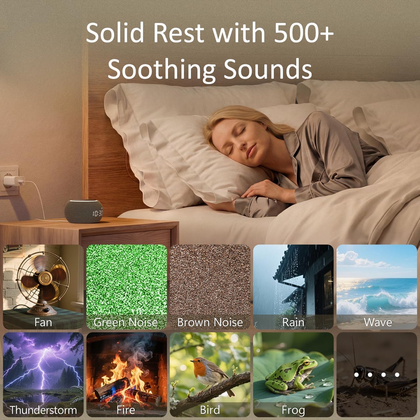 Hotmoon Alarm Clock with Sound Machine for Sleep, Luna Pro Dual-Stage Smart Alarm, 507 Sounds & 10 Healing Frequencies (108-963Hz), Pink Green Brown White Noise for Sleeping Adults Meditation, Plug In