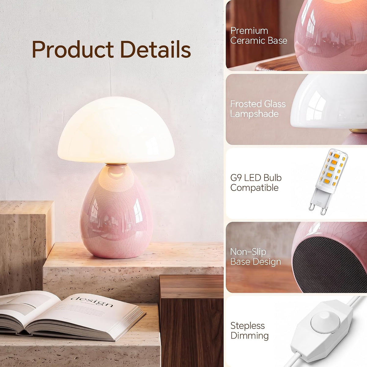 Dawnwake Mushroom Lamp Table Lamp for Bedroom-Small Desk Table Lamps,White