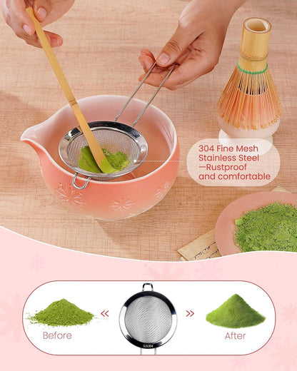 ZENS Matcha Whisk Set, Matcha Kit Set, Matcha Bowl with Spout, Bamboo Whisk & Scoop, Chasen Holder, 304 Sifter & Tea Mat, 6pcs Japaness Matcha Kit for Matcha Lovers, Birthday Gift, Pale Green