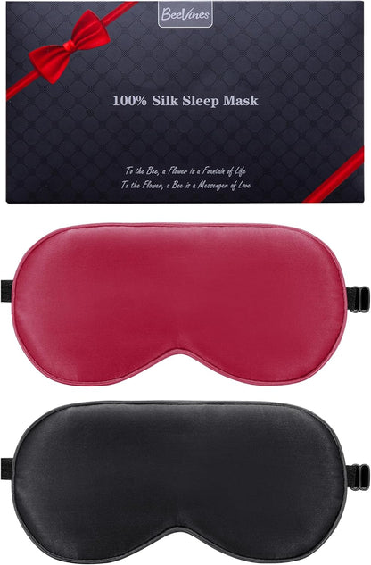 BeeVines 100% Real Mulberry Silk 2 Pack Sleep Mask, Natural Pure Silk Eye Masks with Adjustable Strap for Sleeping, Block Light Eye Sleep Shade Cover, Reduces Puffy Eyes Traveling Gifts