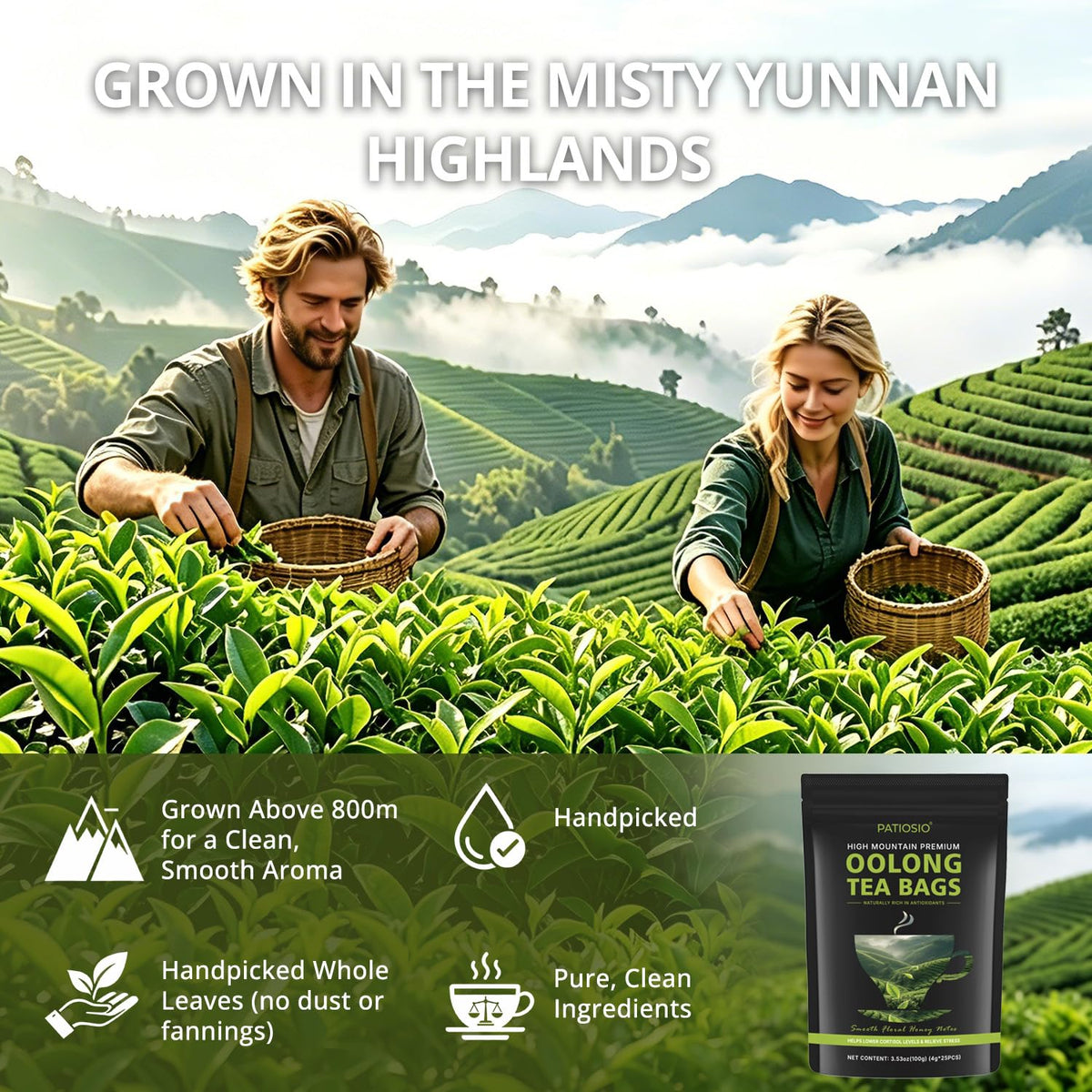 Oolong Tea Bags – Yunnan High-Mountain Oolong Whole Leaf Tea Bags,25 Bags (4g Each) –Cortisol & Calming Tea for Stress Relief,Digestion & Metabolism,Loose Leaf Oolong Tea, Smooth Aroma,Low-Astringency