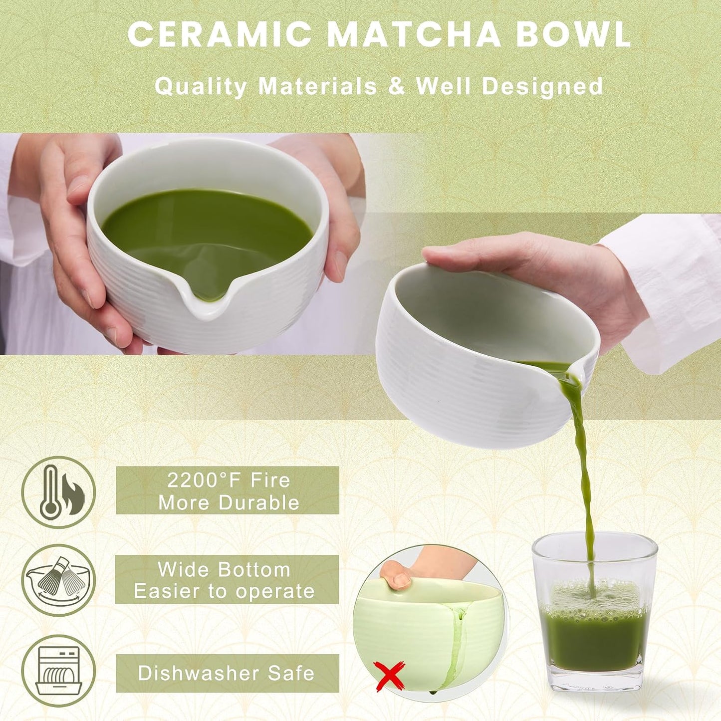 Matcha Whisk Set, Ceramic Matcha Set Includes Matcha Bowl, Matcha Whisk (Chasen) and Holder, Sifter, Bamboo Scoop & Spoon - 6 Pcs Matcha Kit for Matcha Lovers White