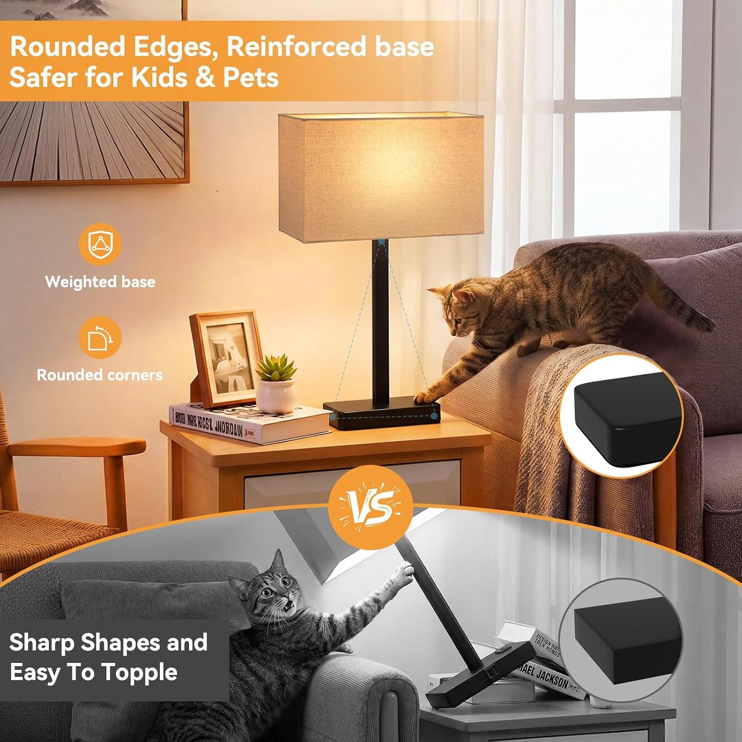 Hong-in Touch Lamps for Bedroom - 3-Way Dimmable Bedside Lamps Set of 2 with USB C+A, Grey Modern Table Lamp for Night Stands, Desk Lamp for Living Room Nightstand End Tables Bed Side