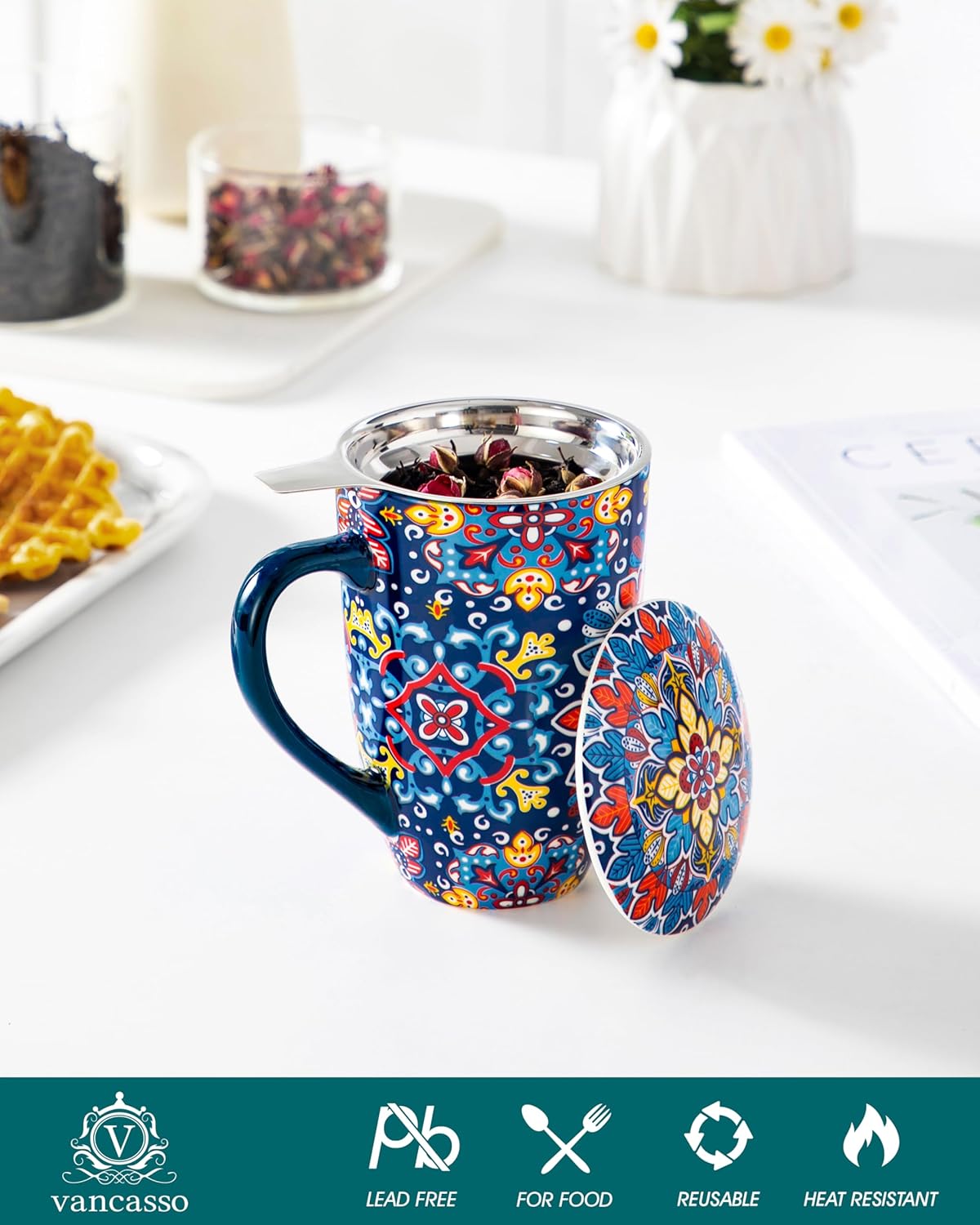 vancasso Ceramic Tea Mug with Infuser and Lid, 18 Ounce Bohemian Loose Leaf Cup, Microwave & Dishwasher Safe, Perfect for Tea, Coffee, Burnt-Cobalt Mandala