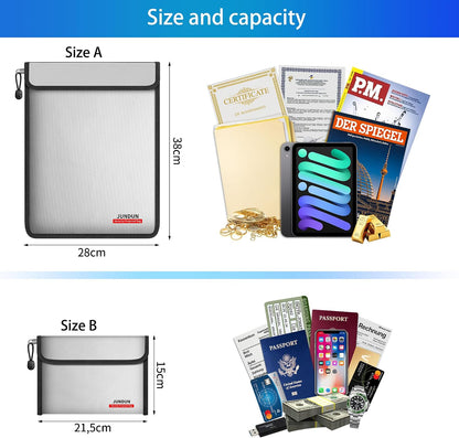 JUNDUN 6400°F Fireproof Document Bag,15"x11" & 8.5"x6"