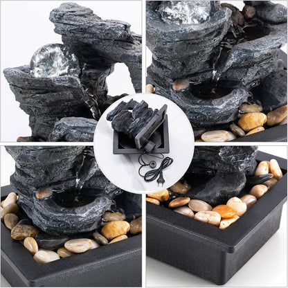 Amootek Table Top Fountain Spin Ball Rock Waterfall Fountain Office Table Top Fountain Includes Many Natural River Rocks Decorated with Colorful Lights and Rollers 9.05" L x 6.95" W x 10.25" H