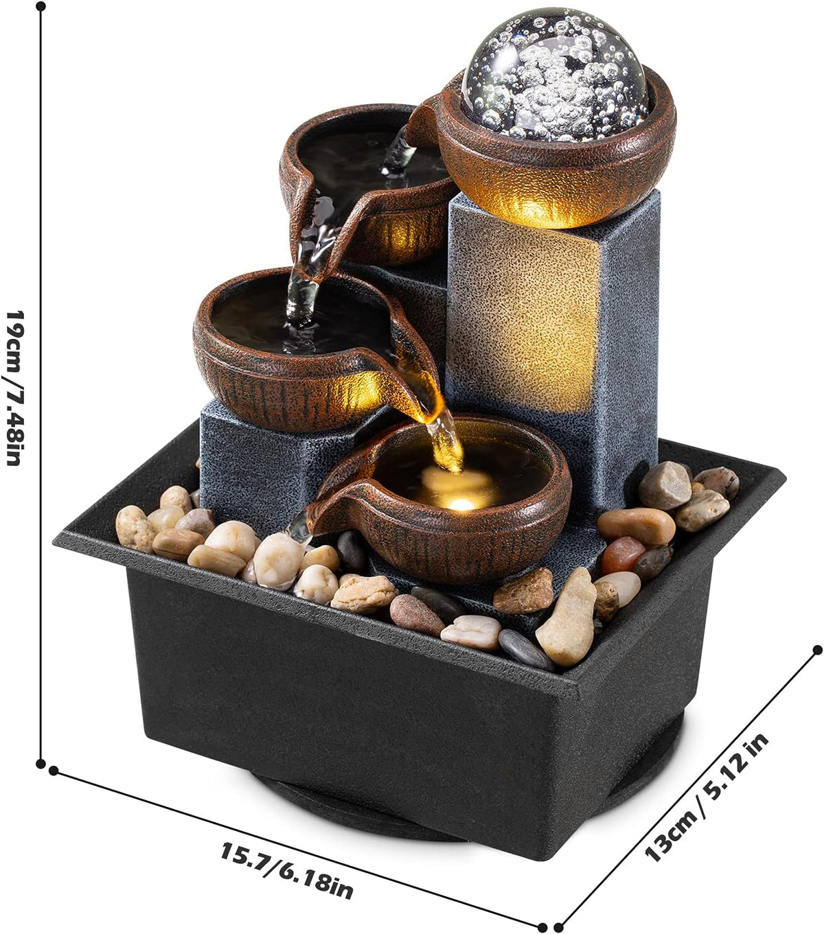 Tabletop Fountain 4 Level Tabletop Waterfall Indoor Meditation Fountain Office Home Relax Desktop Waterfall Includes Many Natural River Rocks LED Lights Bubble Ball Great Choice as Festival Gifts