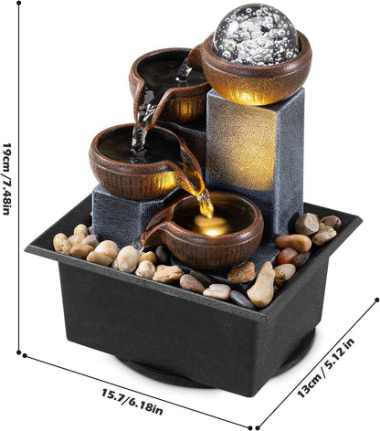 Tabletop Fountain 4 Level Tabletop Waterfall Indoor Meditation Fountain Office Home Relax Desktop Waterfall Includes Many Natural River Rocks LED Lights Bubble Ball Great Choice as Festival Gifts