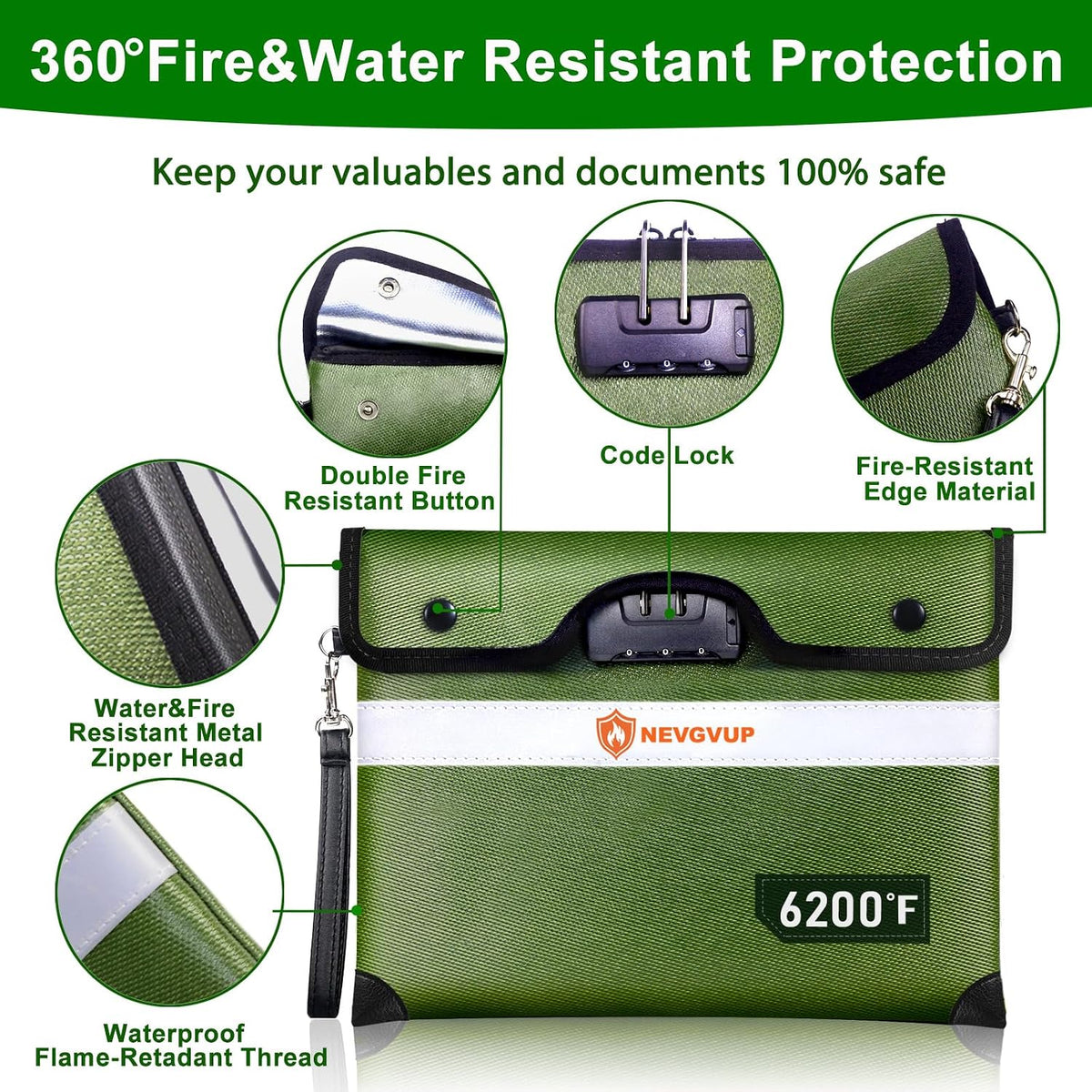 Upgraded 6200°F Fireproof Document Bag with Lock, Fire proof Money Bag for Cash with Zipper/Reflective Strip, 9 Layer of Heat Insulated Material, Water Resistant Fireproof Bags for Documents,Safe Bags