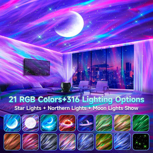 One Fire Northern Lights Projector 7-15 Year Old Boy Birthday Gifts for Him Galaxy Projector for Bedroom, 300+Colors Modes Aurora Light,15White Noise Sound Machine &Bluetooth Star Projector Lights