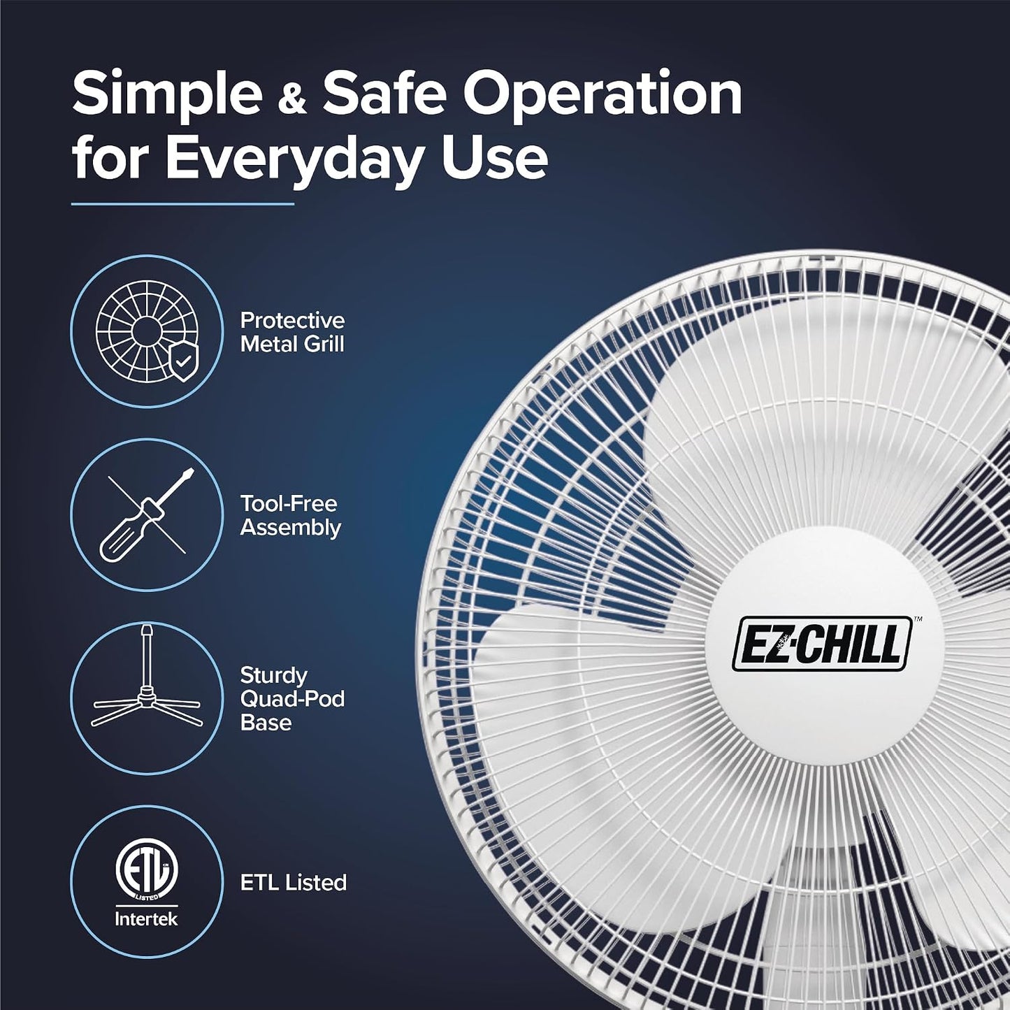 EZ-Chill 16” Oscillating Pedestal Fan, 3-speed Options, 90-Degree Oscillating Head, Adjustable Height and Tilt, Powerful Air Flow, White, MTSP15-16AZ