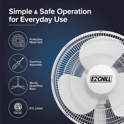 EZ-Chill 16” Oscillating Pedestal Fan, 3-speed Options, 90-Degree Oscillating Head, Adjustable Height and Tilt, Powerful Air Flow, White, MTSP15-16AZ