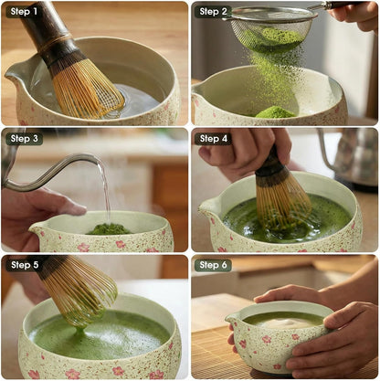 Matcha Whisk Set, 7-Piece Matcha Kit with Ceramic Bowl, Bamboo Whisk, Scoop, Sifter, Holder & Bamboo Mat – Premium Matcha Tea Set for Beginners & Matcha Lovers