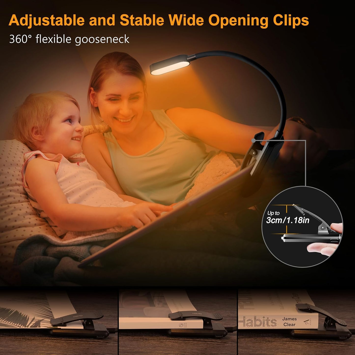 Gritin 16 LED Rechargeable Book Light for Reading in Bed- Eye Caring 3 Color Temperatures, Stepless Dimming Brightness, 80 Hrs Runtime, Lightweight Flexible Clip on Light for Book Lovers