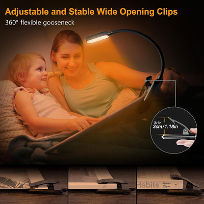 Gritin 16 LED Rechargeable Book Light for Reading in Bed- Eye Caring 3 Color Temperatures, Stepless Dimming Brightness, 80 Hrs Runtime, Lightweight Flexible Clip on Light for Book Lovers