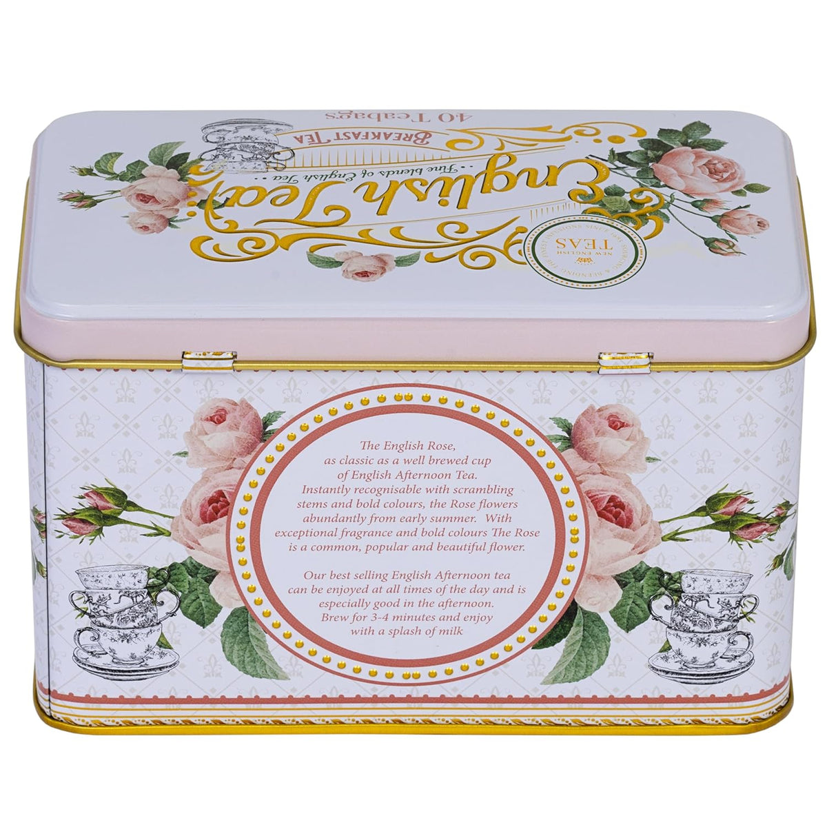 New English Teas Floral Tea Tin with 40 English Black Tea Bags - Rose