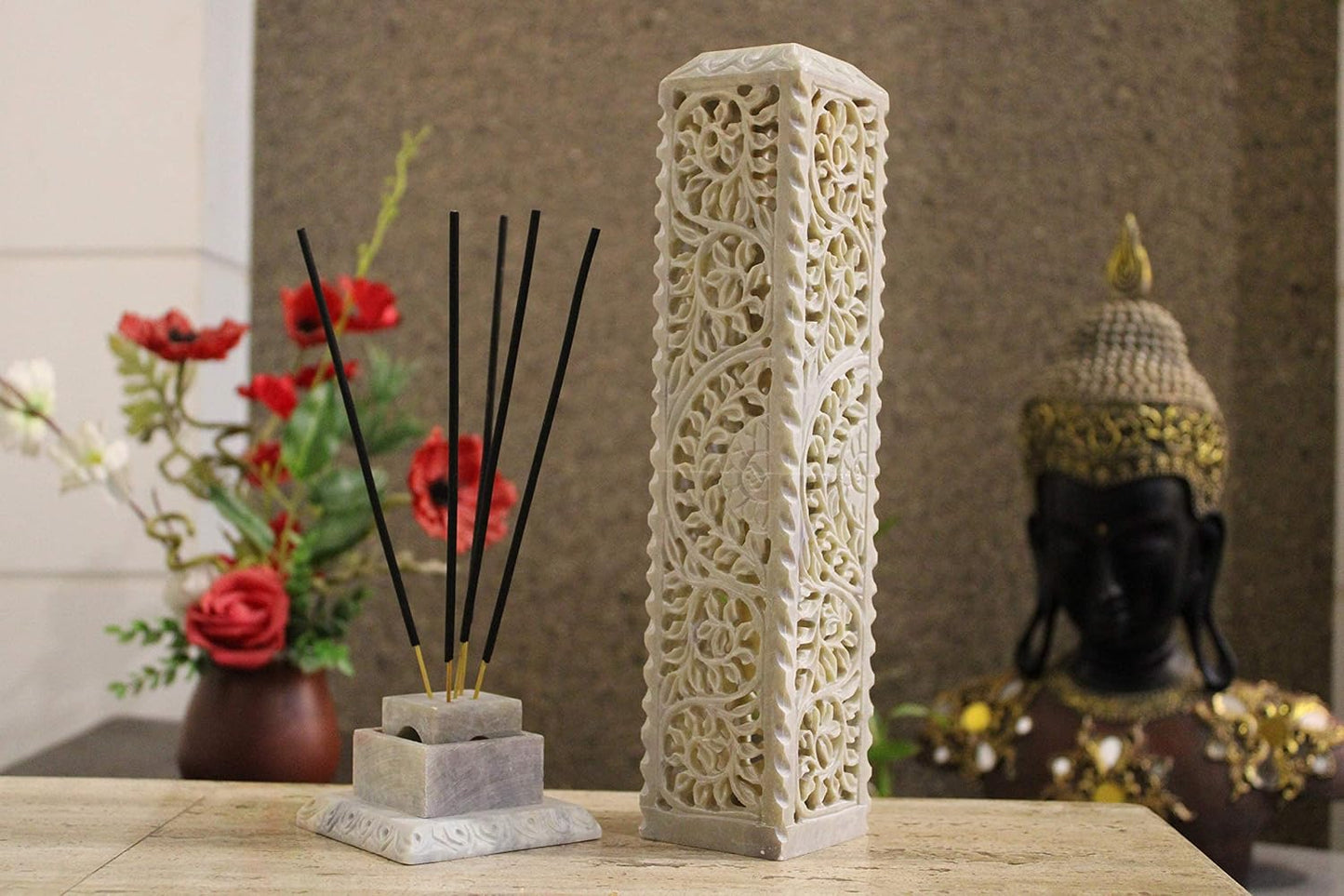 Carry Me Handmade Marble Soapstone Incense Stick Burner | Candle Stick Holder, Tea Light Stand, 3 x 3 x 11 Inches, Decorative Home and Kitchen Decor, Perfect for Gifting