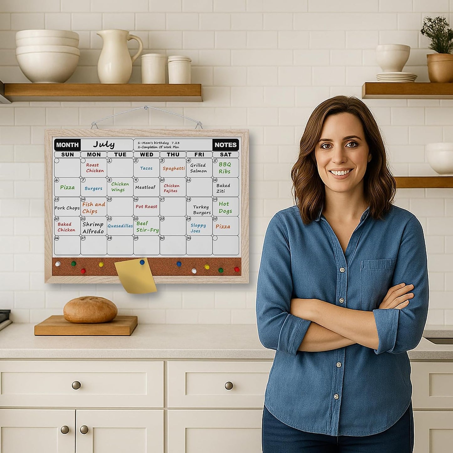 Monthly Calendar Dry Erase Board 16x12 Inch, Double-Sided Whiteboard and Corkboard Combo, Wall Mounted Planner Organizer with Markers, Magnets, Push Pins, Eraser, for Home Office School