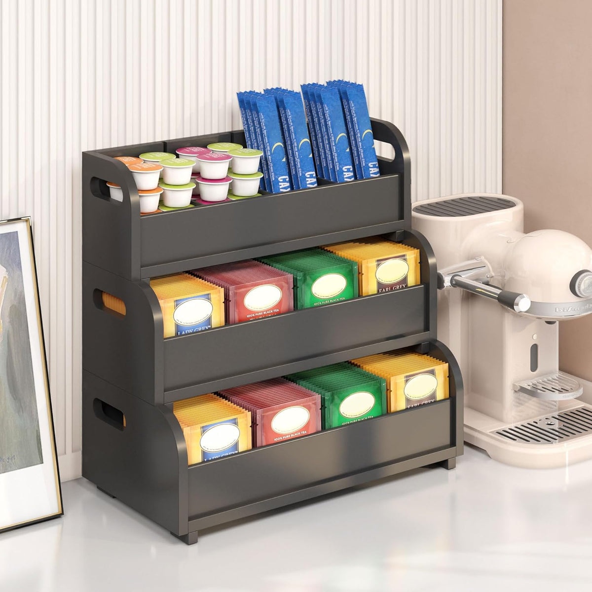3-Tier Bamboo Tea Bag Organizer, Stackable Tea Holder for Countertop, Black