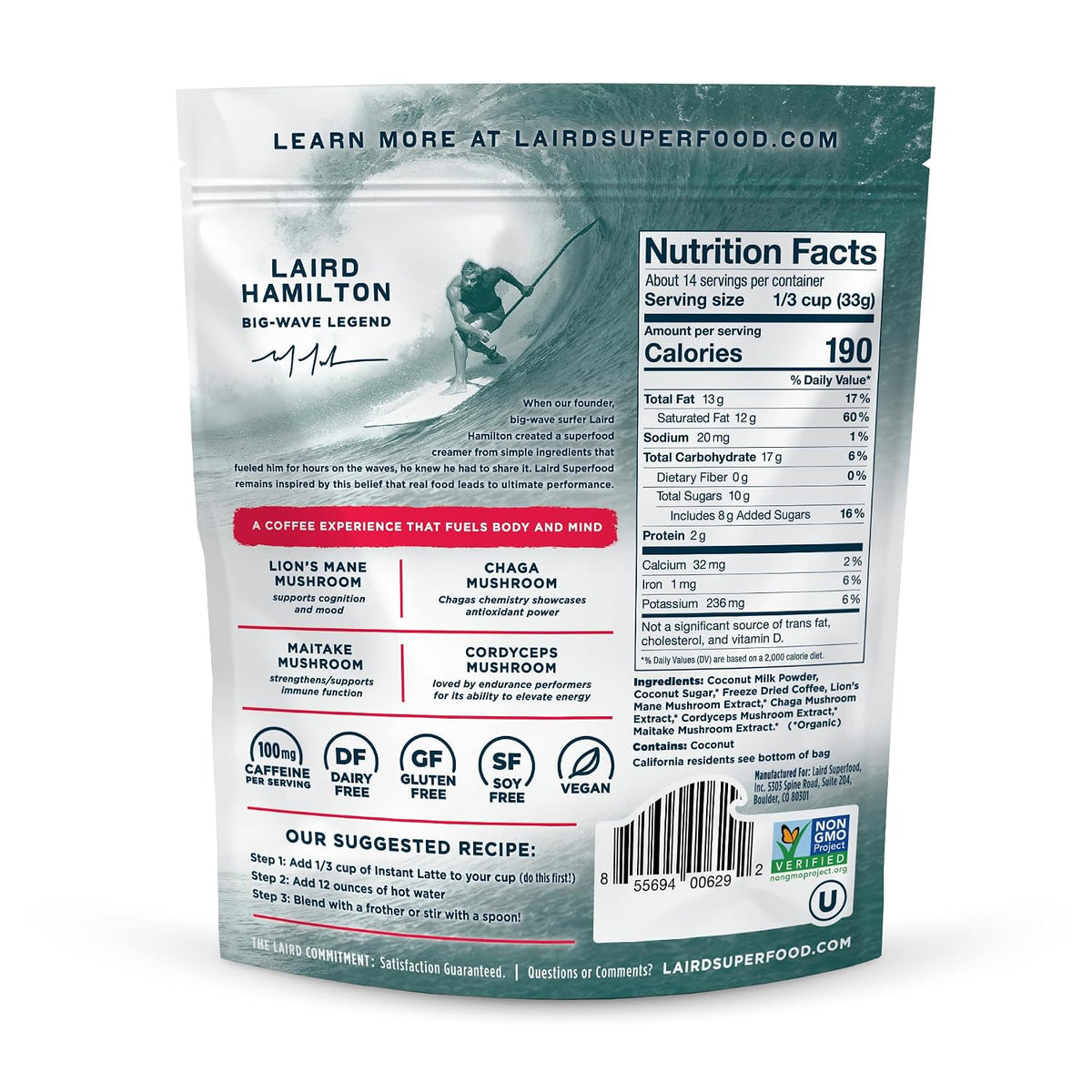 Laird Superfood Chai Instant Latte with Adaptogens - Instant Chai Tea Powder with Superfood Coconut Creamer - Gluten Free, Non-GMO, Vegan, 8 oz. Bag, Pack of 1