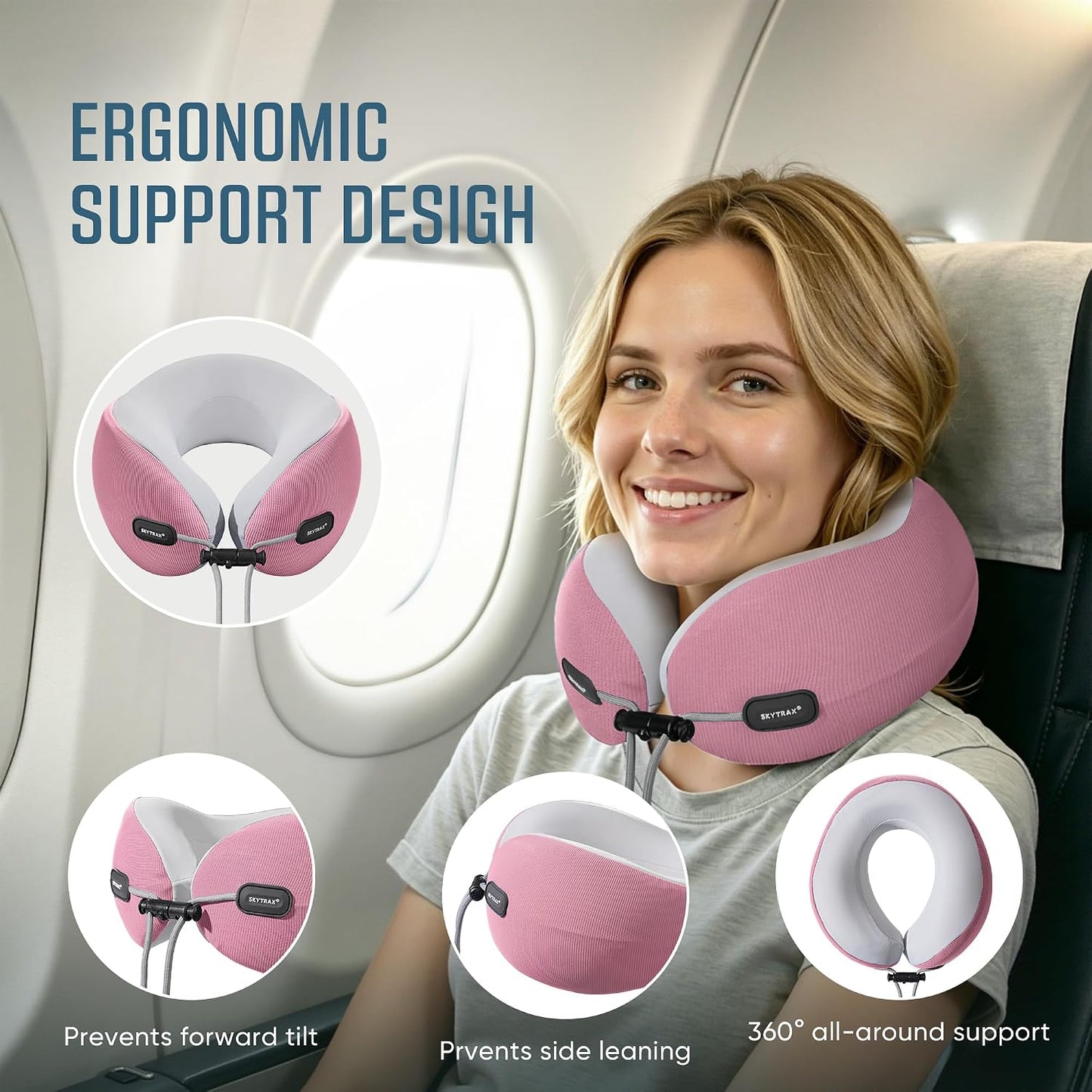 SKYTRAX COMF® Premium Ergonomic Memory Foam Travel Neck Pillow, Washable Cooling Ice Silk Cover, Firm Neck Support for Airplane Long Flights & Pain Relief, with Portable Carry Case (Grey)