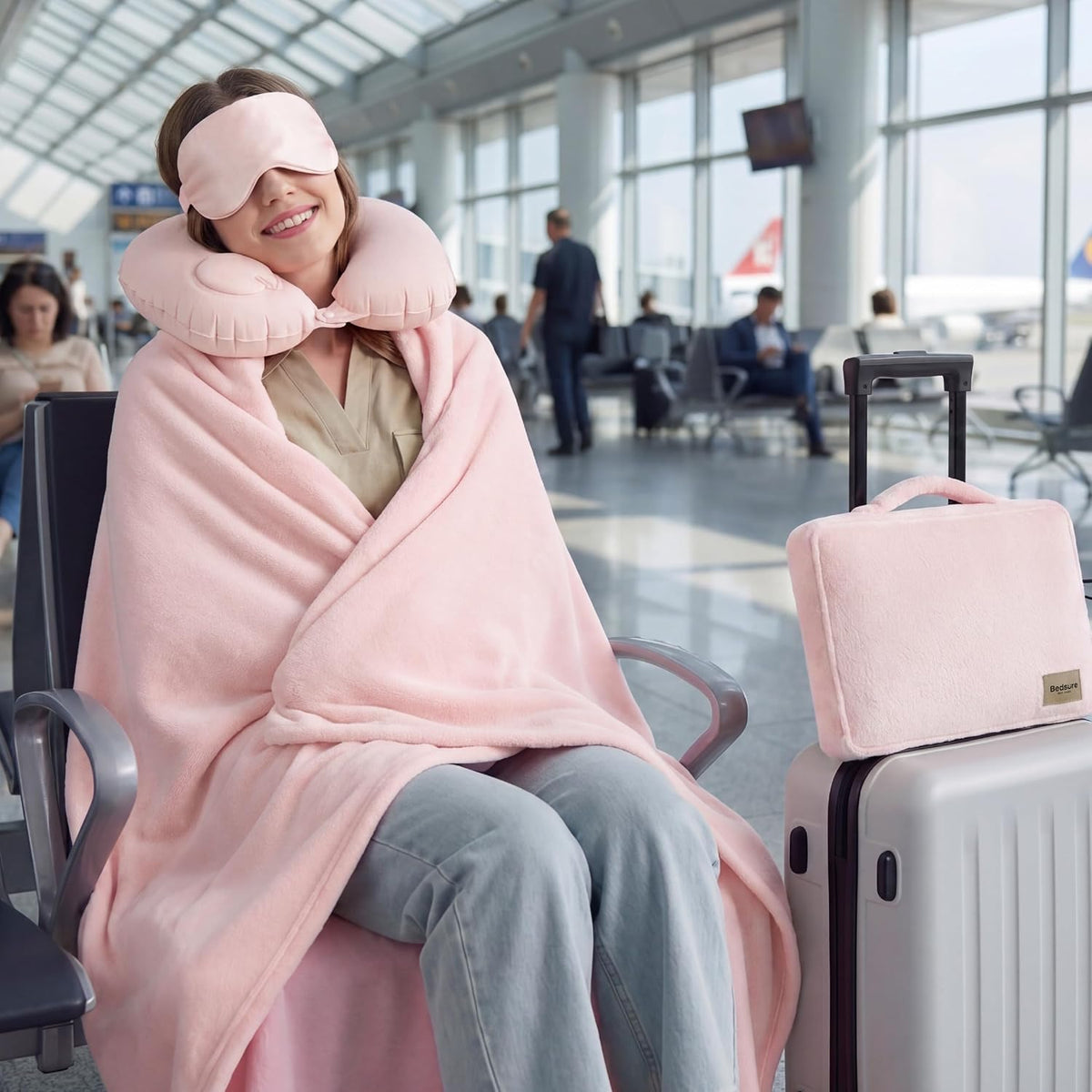 Bedsure Travel Blanket Set with Inflatable Neck Pillow and Eye Mask, Grey