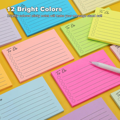 HQCME 12 Pads to Do List Sticky Notes, 504 Sheets, 3x4 Inch with Line Adhesive Memo, 12 Bright Multi Colors Lined Self-Stick Note Pads, to Do List Notepad, Easy to Use for Home, Office, Notebook