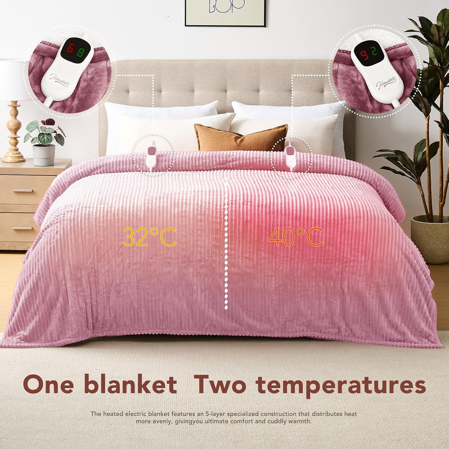 Homemate Heated Blanket Electric Throw - 50"x60" Heating Blanket Throw 1/2/4/6/8 Hours Auto-Off 10 Heat Levels Over-Heat Protection Soft Flannel Sherpa Heater ETL Certification