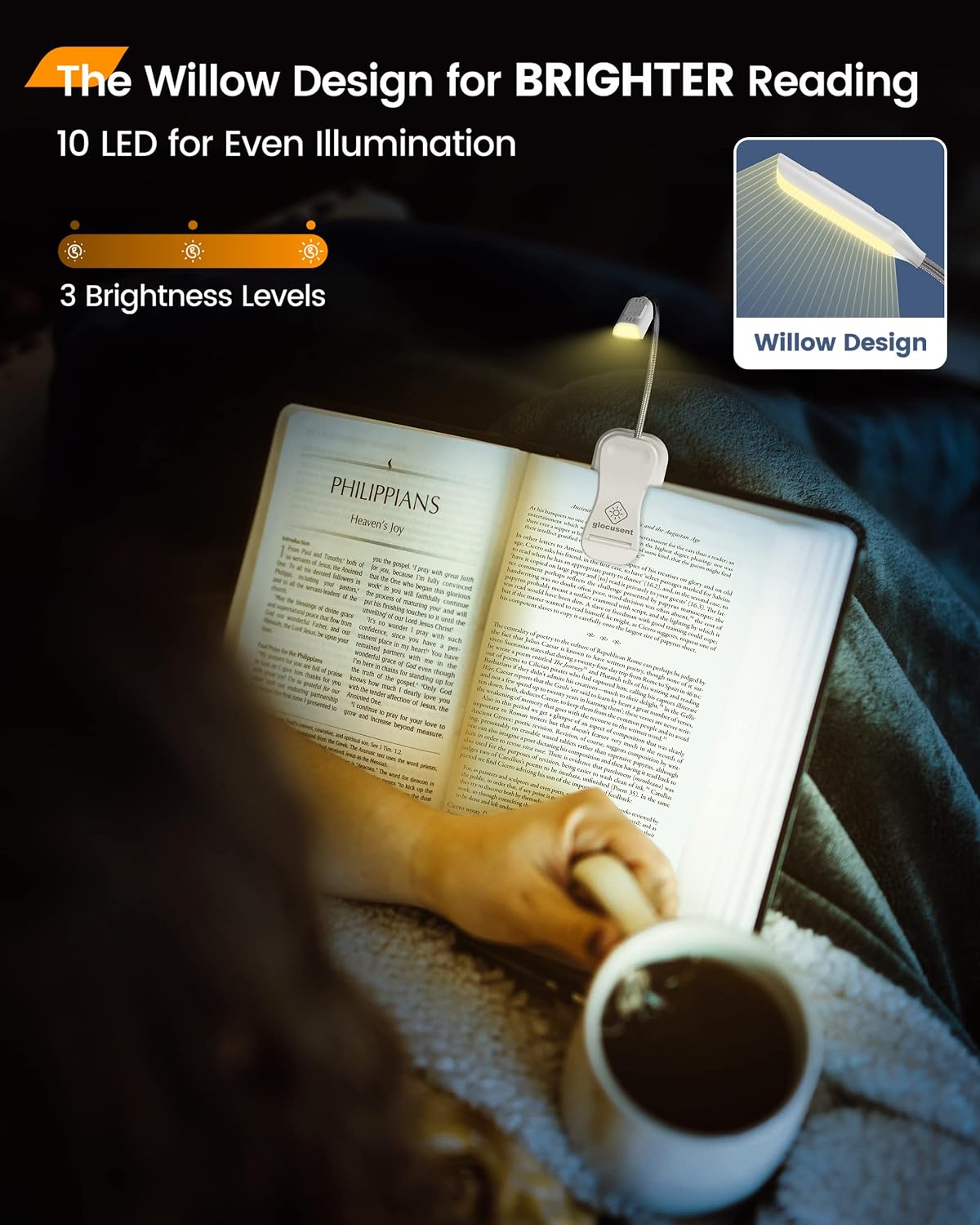 Glocusent Willow Book Light for Reading in Bed, 10LED Bright Reading Light, 3 Colors & 3 Brightness, Rechargeable Book Light Lasts for 80hr, Lightweight Clip on Book Light, Perfect for Book Lovers