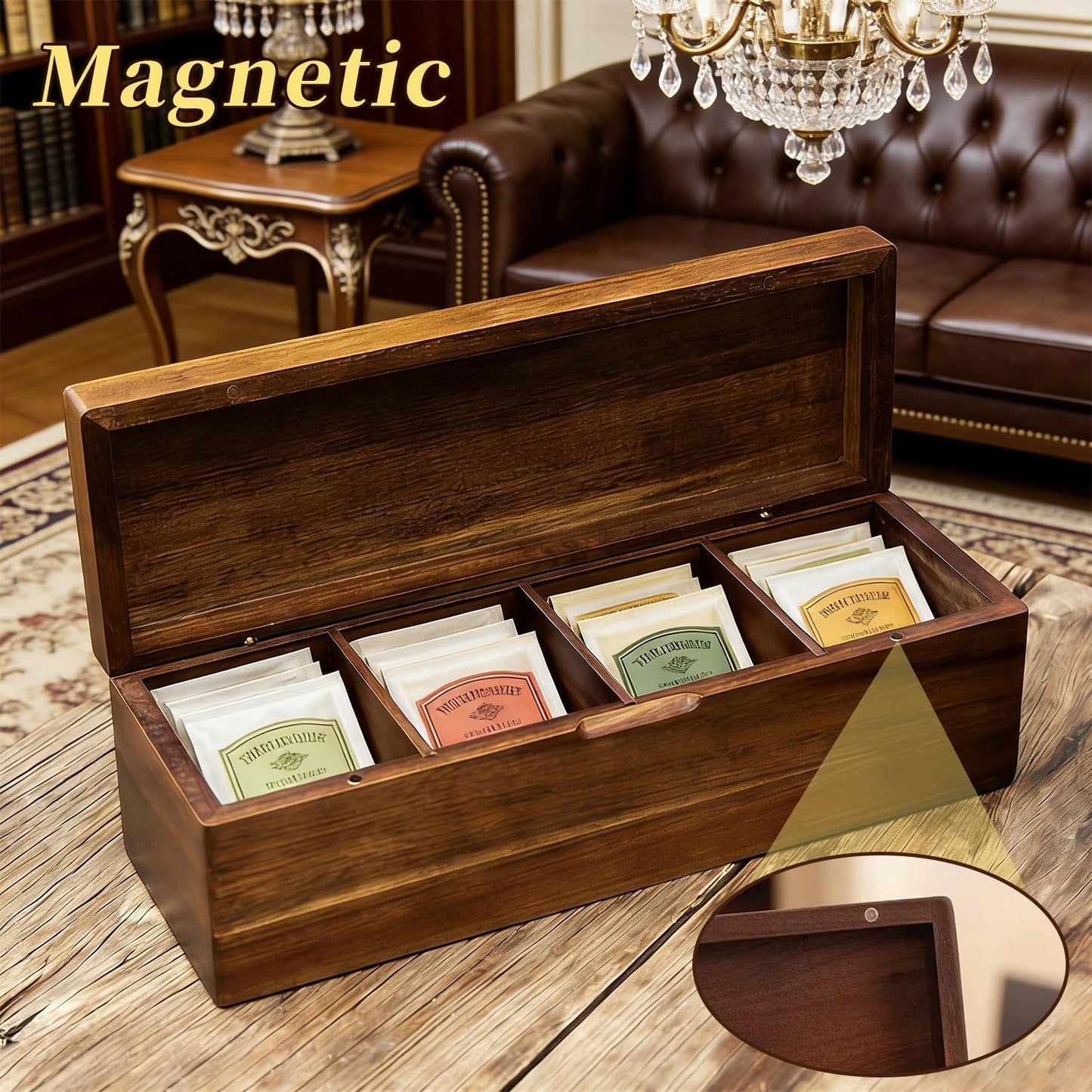 Acacia Wood Tea Bag Organizer with Compartments, Tea packet Storage Boxes & Display Caddy, Multi-Slot Teabag Holder Container Chest for Countertop, Organizador de Té