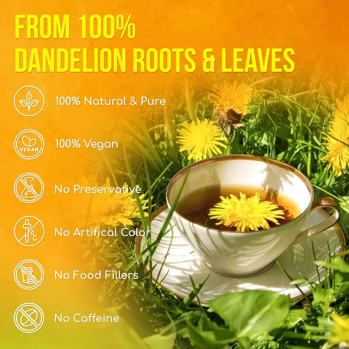 FreshDrinkUS, Premium 75 Dandelion Leaf and Roots Tea Bags, 100% Natural & Pure, Herbal Tea, Daily Infusion Botanical, No Sugar, No Caffeine, No Gluten, Vegan. Powerful Support.