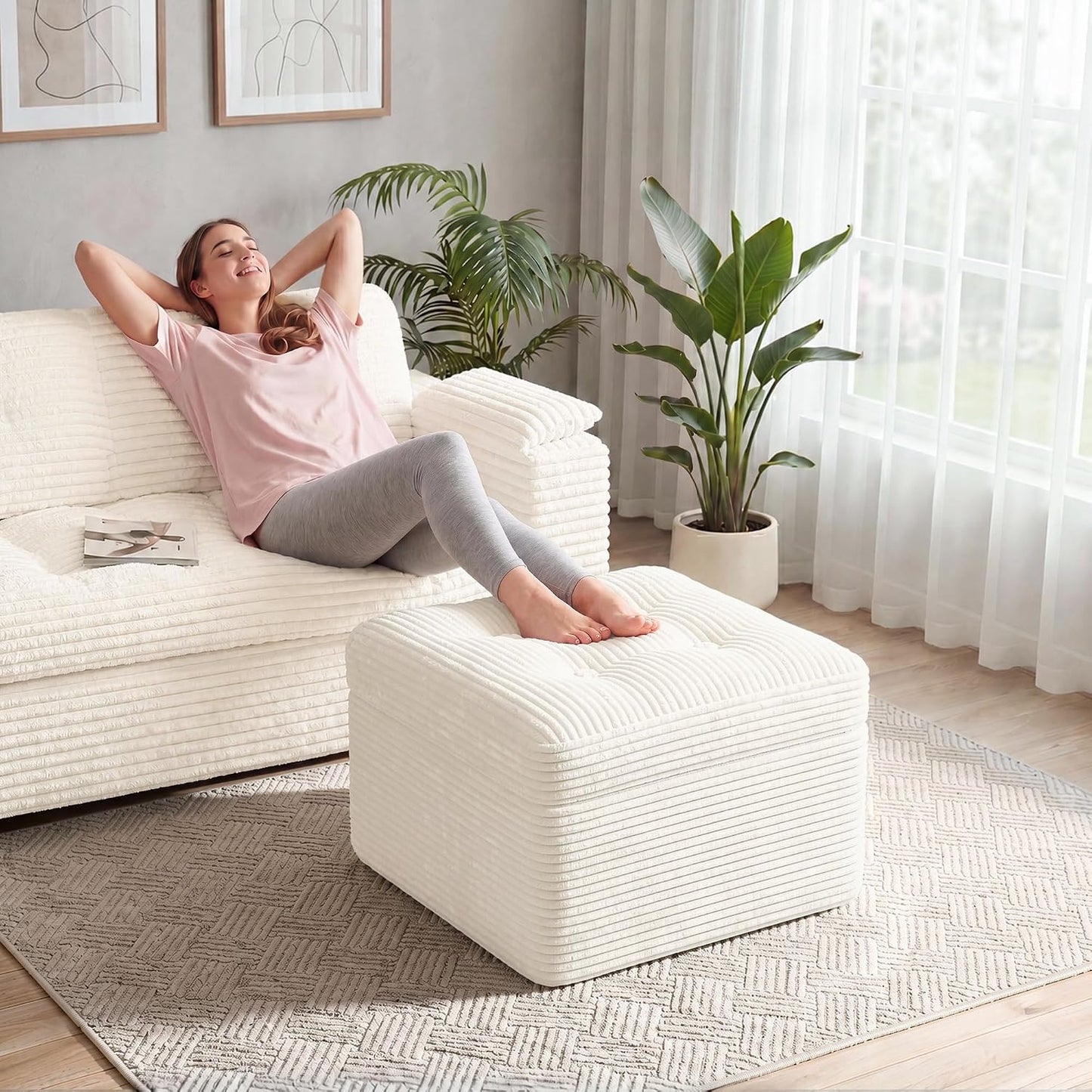 23.6in Pouf Ottoman, Corduroy Ottoman Foot Rest with Dual‑Layer Support, Large Plush Pouf with Soft Chunk‑Foam Top & Firm Foam Base, Floor Foot Stool for Living Room, Beige