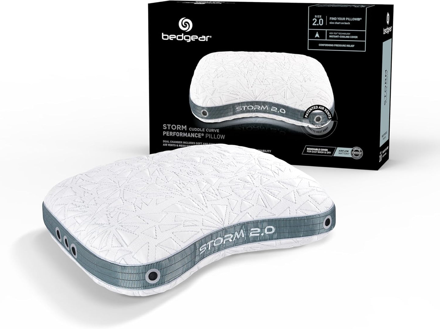 Bedgear Storm Performance Pillow, 1.0 Cooling Pillow for Side Sleepers, Medium Firm Support, Ver-Tex Cooling Cover, Air-X Mesh, Washable