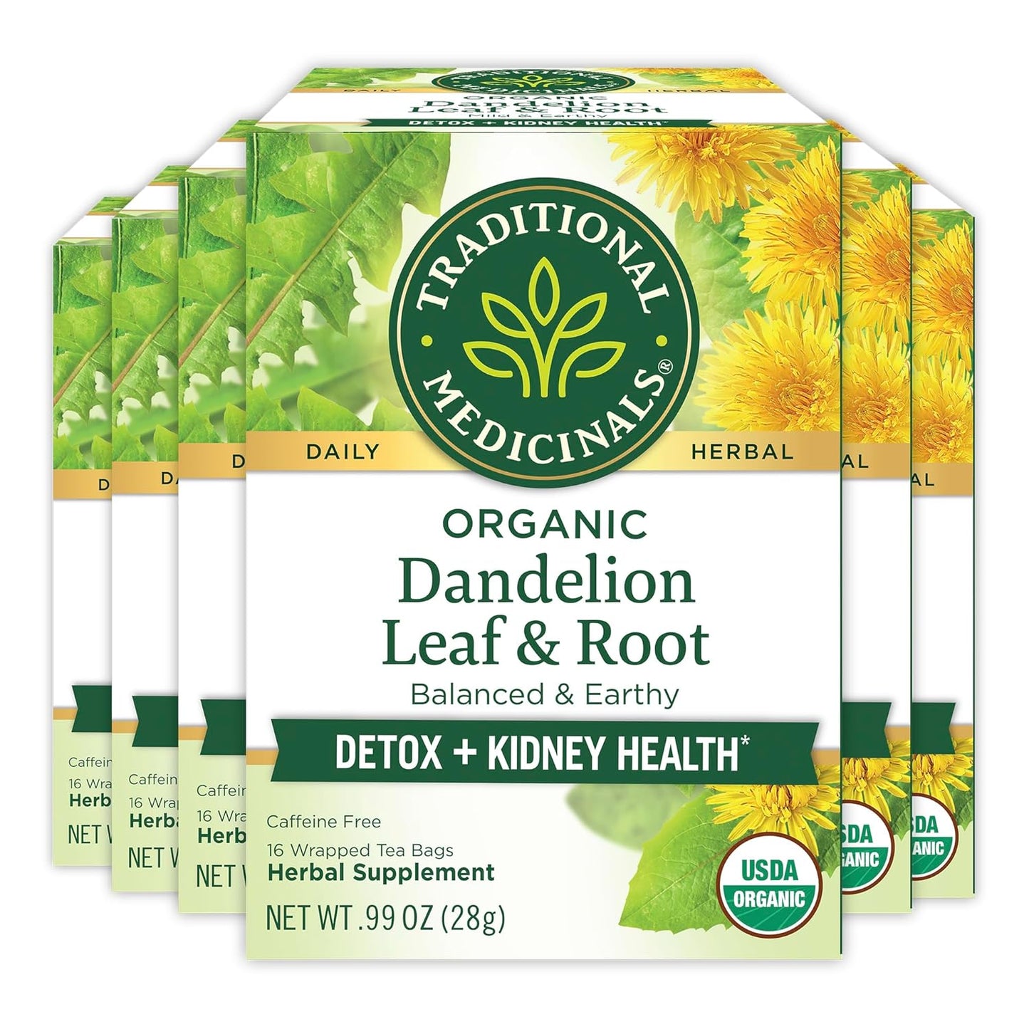 Traditional Medicinals Organic, Roasted, Dandelion Root Tea - Supports Normal Detox + Digestion - Kosher, Non-GMO, Caffeine-Free, Compostable - 16 Tea Bags, (Pack of 2)