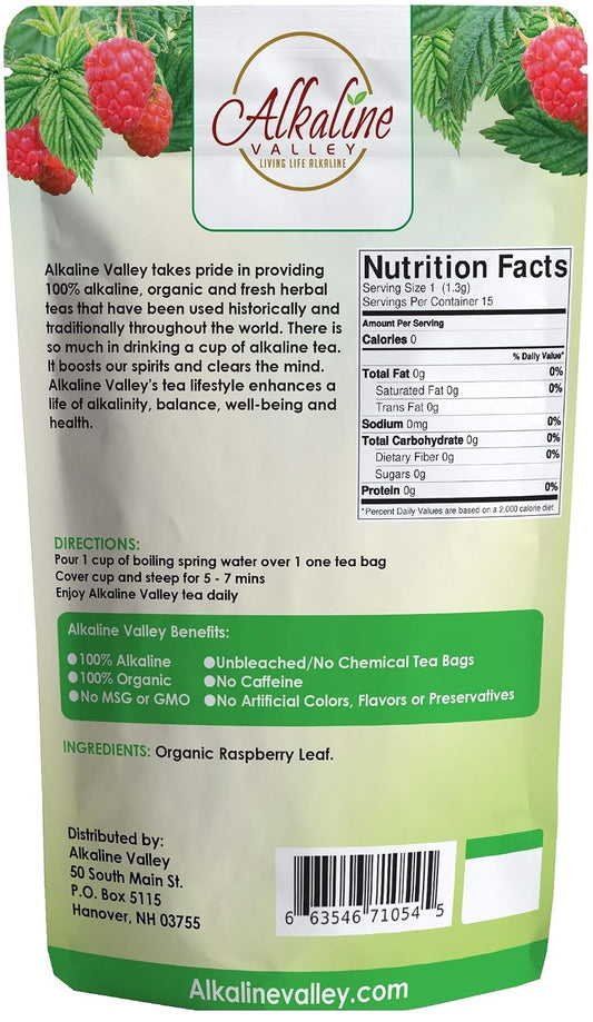 Red Raspberry Leaf Tea - 100% Alkaline and Organic - 15 Unbleached/Chemical-Free Tea Bags - Caffeine-Free, No GMO