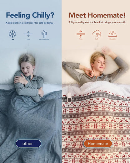 Homemate Heated Blanket Electric Throw - 50"x60" Heating Blanket Throw 1/2/4/6/8 Hours Auto-Off 10 Heat Level Over-Heat Protection Flannel Sherpa ETL Certification