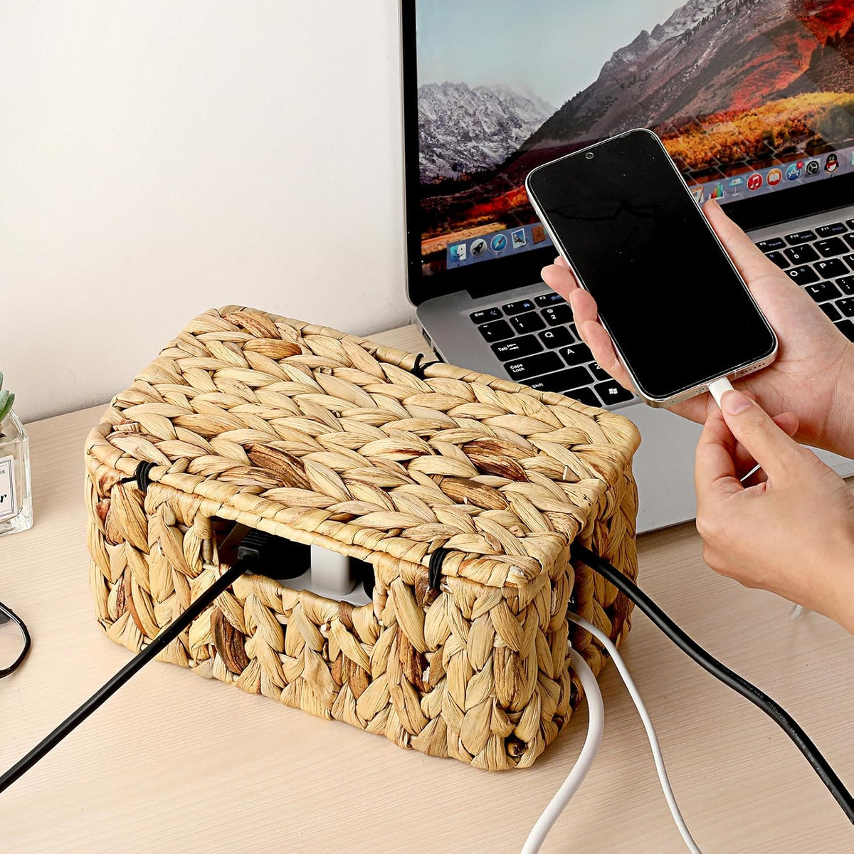 BTSKY Woven Cable Management Box with Lid Water Hyacinth Cord Organizer, S