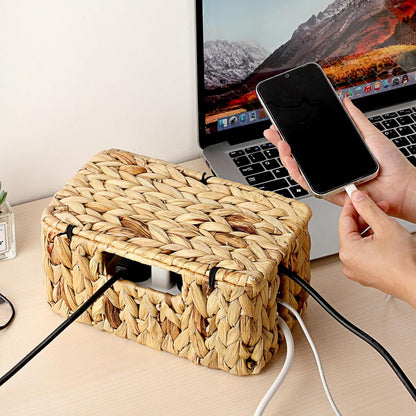 BTSKY Woven Cable Management Box with Lid Water Hyacinth Cord Organizer, S