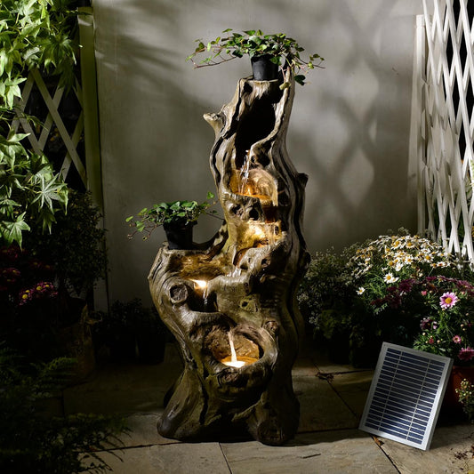 Sunlinua Water Fountain Outdoor 5-Tiers Large Cascading Realistic Tree Trunk Natural Waterfall Outdoor Fountains Resin Imitation Wood with LED Lights for Garden, Patio, Porch