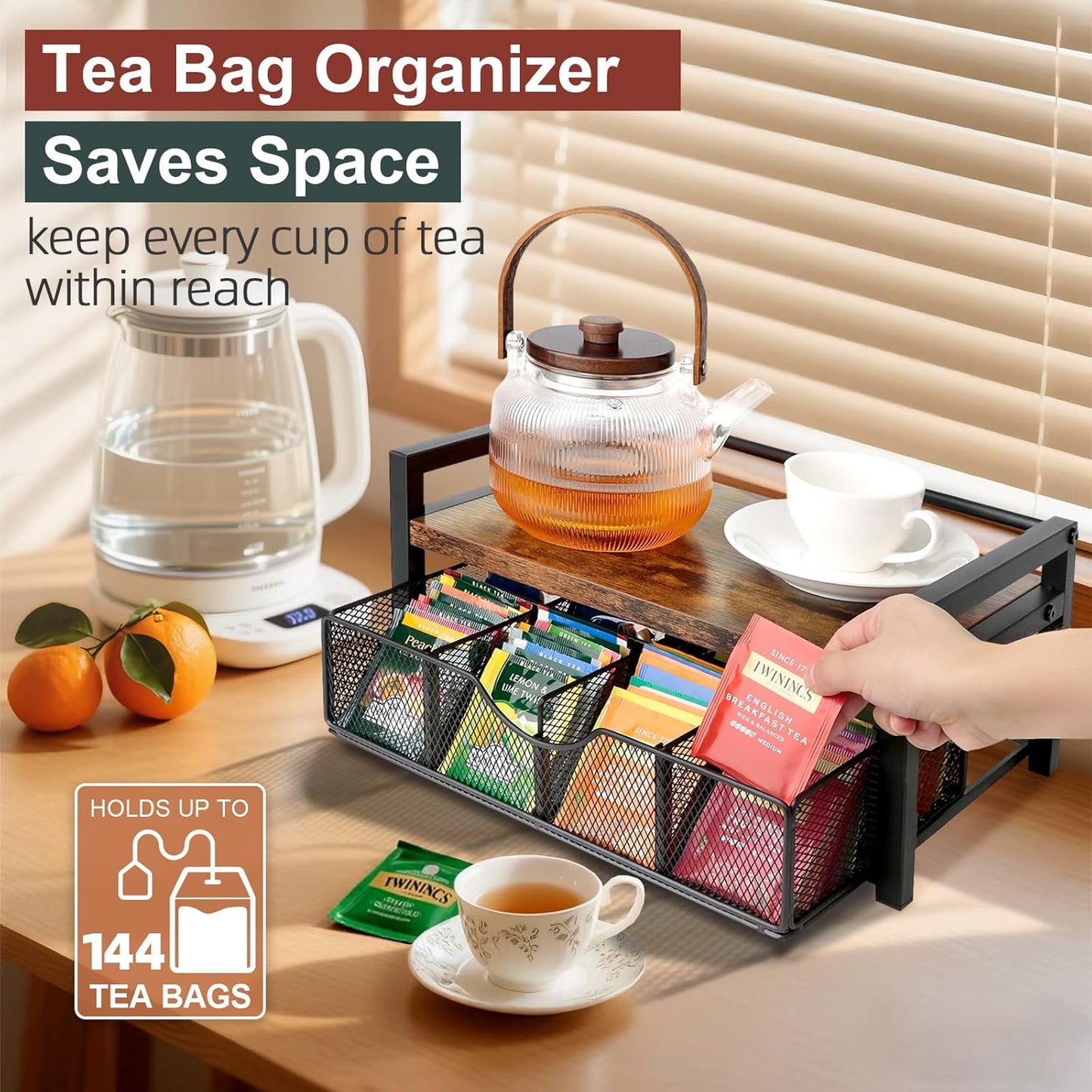 Tea Bag Organizer, Tea Bag Holder Organizer with 8-Compartment Adjustable Drawer, Wood & Metal Tea Box Organizer Chest for Countertop Kitchen, Office