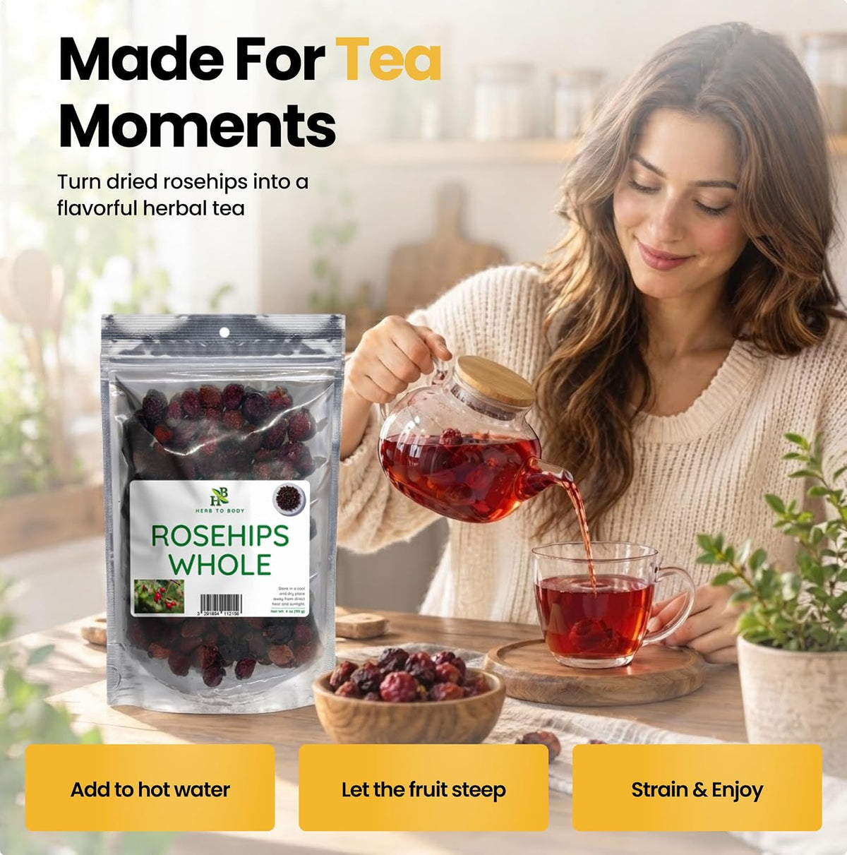 Herb To Body Rosehips Whole - Rosa Canina, Whole Dried Rosehips for Herbal Tea, Infusions & Culinary Preparations, Wildcrafted 4oz