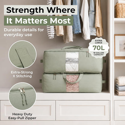 Soft Canvas Storage Bags with Zipper. Thick Breathable, 2pc King/Queen Comforter Organizer. Four Carrying Handles and Window. Large 25x19x9in Bag for Sheets Blankets Bedding Pillows, Clothes