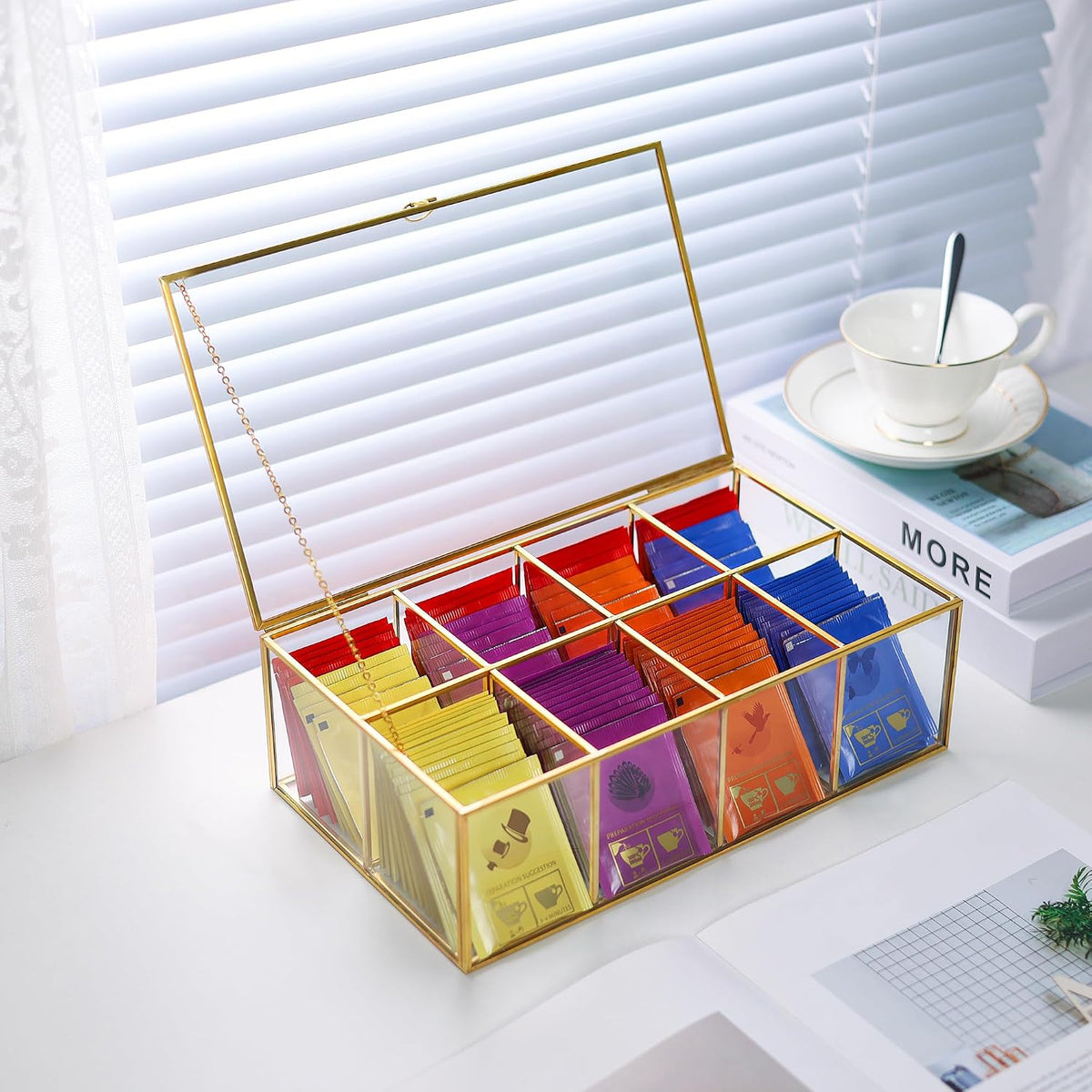 REDHUGO Glass Tea Bag Organizer, 8-Compartment Tea Storage Box, Gold