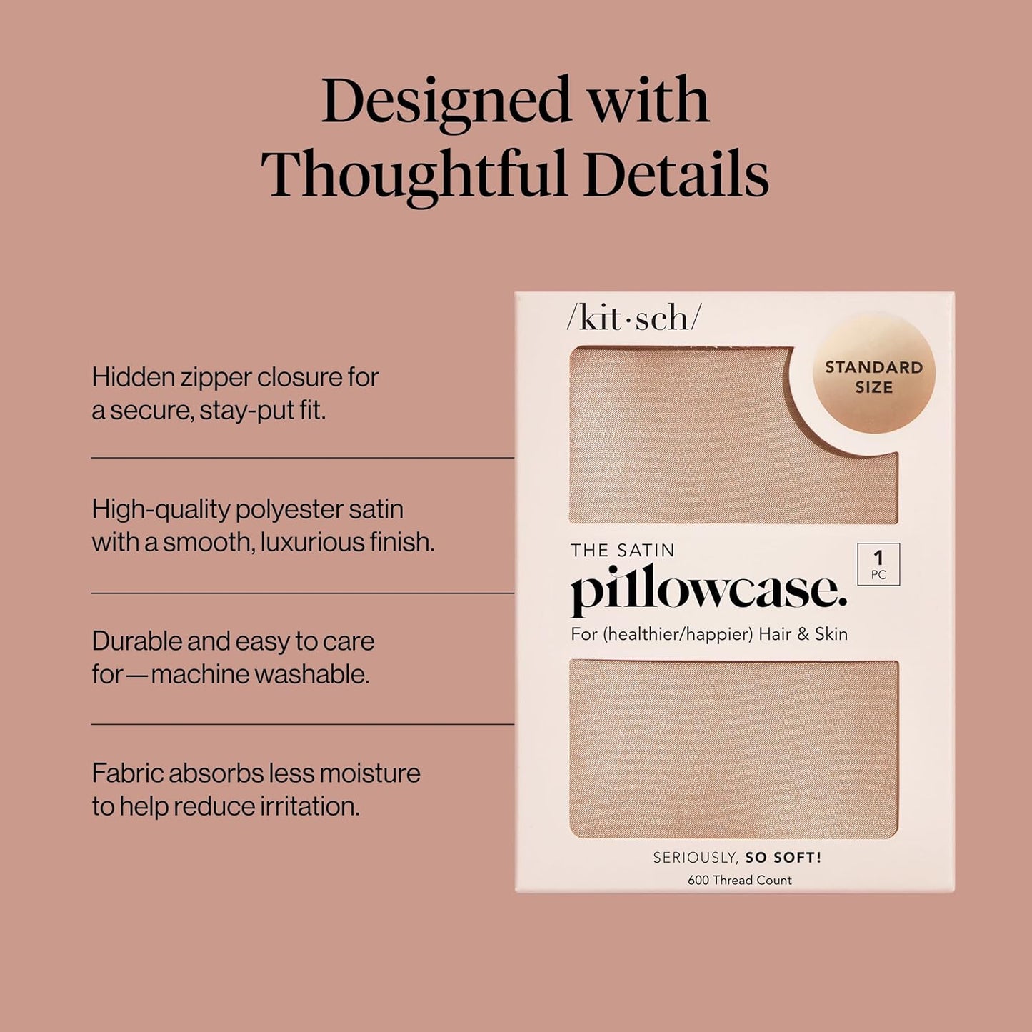 Kitsch Satin Pillowcase with Zipper for Hair & Skin - Softer Than Silk Pillow Cases, Smooth Cooling Satin Pillow Case, Wrinkle-Free, Machine Washable - Pillow Cases Standard Size (19x26) - Blush