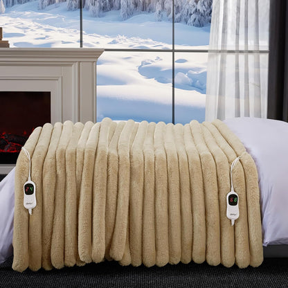 Heated Throw Blanket, Faux Fur Cozy Heating Blanket with Overheat Protection, 1/2/4/6/8 Hours Auto-Off 10 Heat Level, Machine Washable (50x60 Inches, Cream White)
