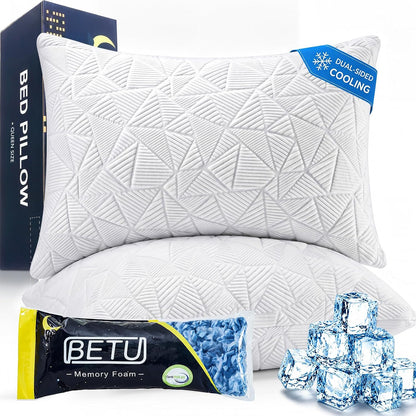 BETU Cooling Pillow Queen Size, Shredded Memory Foam Pillow for Hot Sleepers, Adjustable Firm Soft Support Pillows, Cool Bed Pillows for Side Back Stomach Sleeping Sleepers, gifts for boyfriend, White