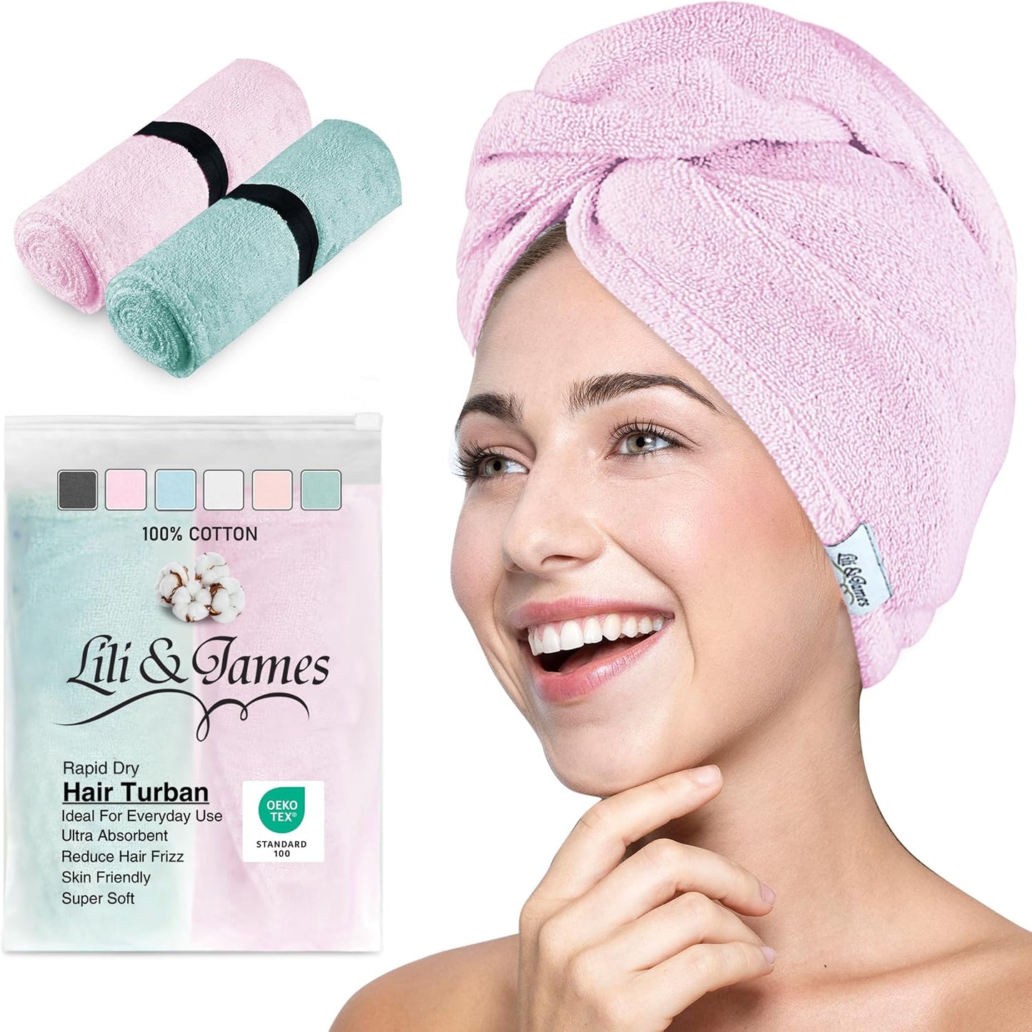 Lili&James 100% Cotton Hair Towel Wrap for Women & Kids – 420 GSM Quick Dry Hair Turban with Double Button Loop, Anti Frizz Non Microfiber Hair Drying Towel for Curly, Long & Thick Hair (Lilac)