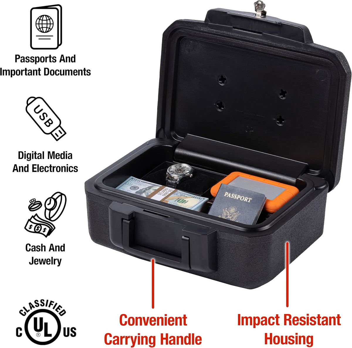 SentrySafe Fireproof Safe Box with Key Lock, Chest Safe with Carrying Handle to Secure Money, Jewelry, Documents, 0.25 Cubic Feet, 6.3 x 15.3 x 12.1 Inches, 1160