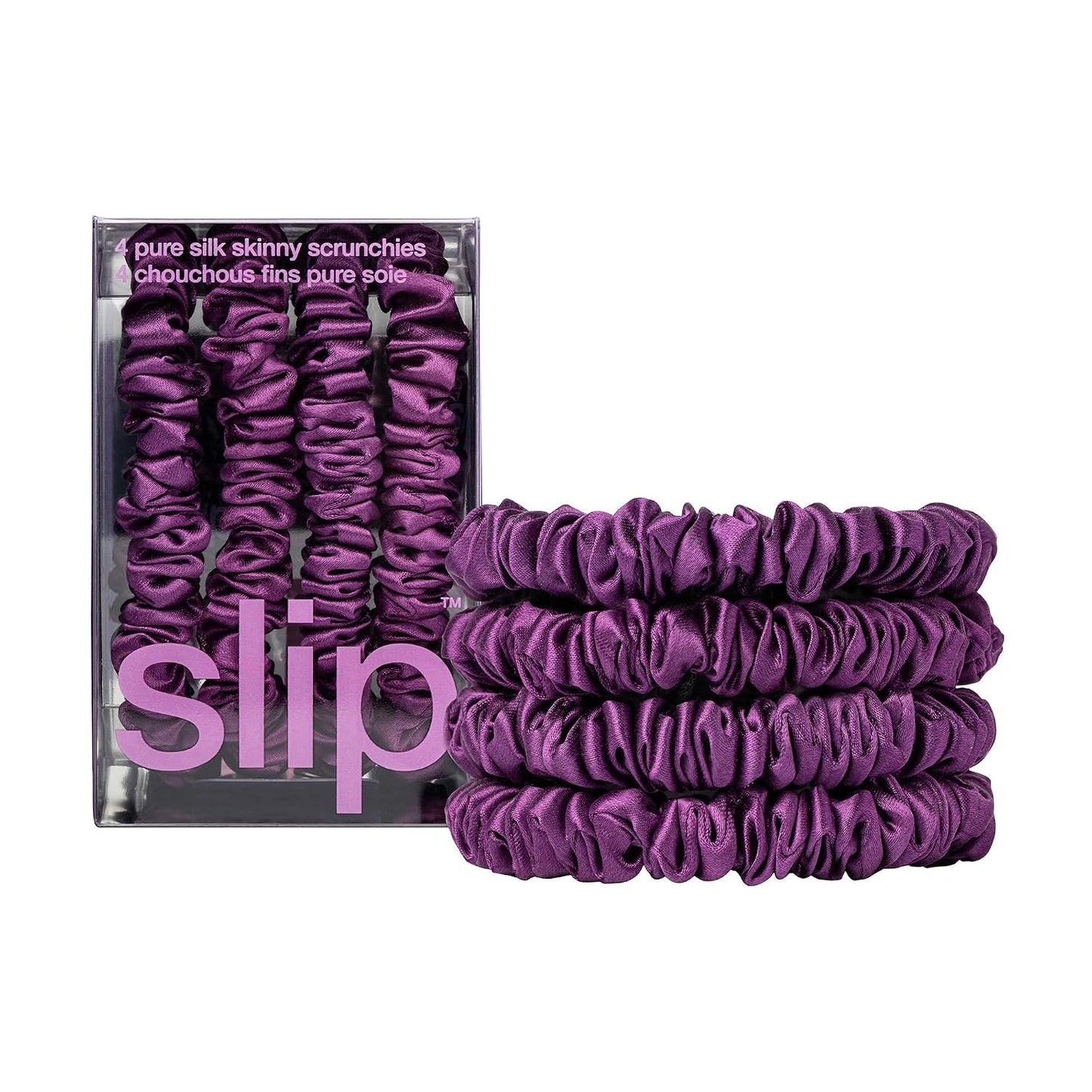 Slip Silk Hair Ties — Skinny Silk Black Scrunchies, No Damage, No Crease, Anti-Breakage |100% Mulberry Silk | All Hair Types | Made with Proprietary Slipsilk™ | Set of 4